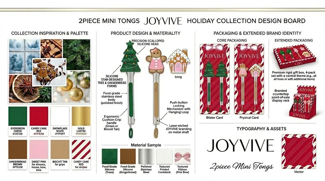 Joyvive holiday collection design board — colors, product design, packaging